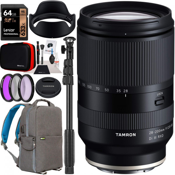 Tamron 28-200 mm f/2.8-5.6 DI III Modelo de lente RXD A071 para Sony E-mono E-mono de cámaras sin espejo de cuadro con fotograma con fotografía de fotografía de engranaje deco Caso de mochila + kit de filtro + 64 GB + monopod + accesorios