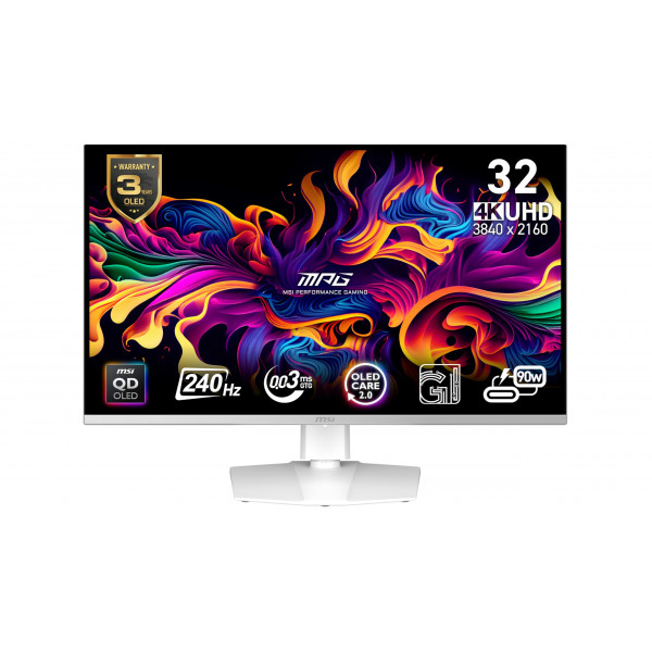 MSI MPG 321URXW QD-OLED 32 pulgadas 3840 x 2160 (UHD) Monitor de computadora, 240Hz, Synch adaptativo, HDMI, Puerto DP, VESA Mountable, inclinación, altavoz, 0.03 ms, blanco