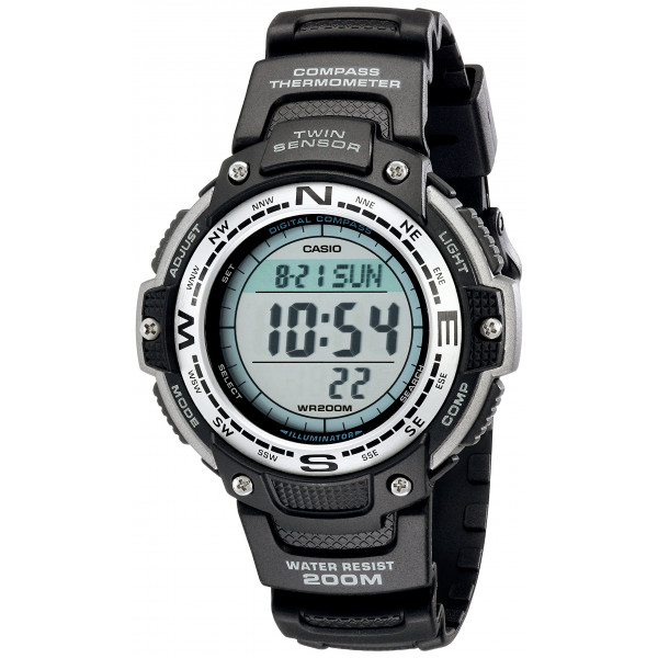 Serie Casio SGW100 | Reloj digital y brújula | Negro | 200m WR | 100 segundos de cronómetro | Sensor gemelo para dirección y temperatura | Bajo temperatura resistente | Tiempo del mundo | Calendario automático | Alarma múltiple