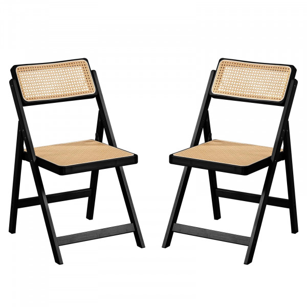 Sillas plegables de ratán furlide, sillas de comedor modernas de mediados de siglo Juego de 2, sillas de bambú al aire libre para sala de estar de sala de lectura de sala de lectura, negro