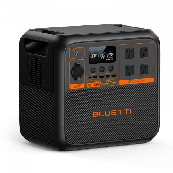 Bluetti Potel Power Station AC180P, 1440WH LIFEPO4 Batería de respaldo con 4 1800W (elevación de energía de 2700 W), 0-80% en 45 minutos, generador solar para acampar, salida de la red, salida de energía
