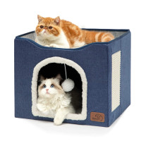 Camas de gato de cama para gatos interiores: cueva de gatos grandes para una casa de gato de mascota con colgante de bolas esponjosas y almohadilla de rasguño, escondite de gatos plegable, 16.5x16.5x13 pulgadas, azul