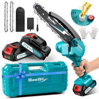 SEESII MINI motosierra de 8 pulgadas, motosierra inalámbrica con 2 piezas de 2000 mAh baterías, sistema de aceites y cadena de reemplazo, sierra de cadena de mano con bloqueo de seguridad, sierra de cadena con batería para cortes de madera, CH820+