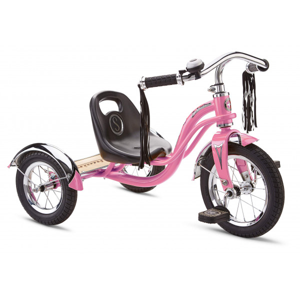 Schwinn Roadster Bike para niños pequeños, triciclo clásico para niños, marco de triciclo de acero de baja posición con boras y manillas de manillar, cubierta trasera de madera genuina, para niños y niñas de 2 a 4 años, rosa claro, rosa claro