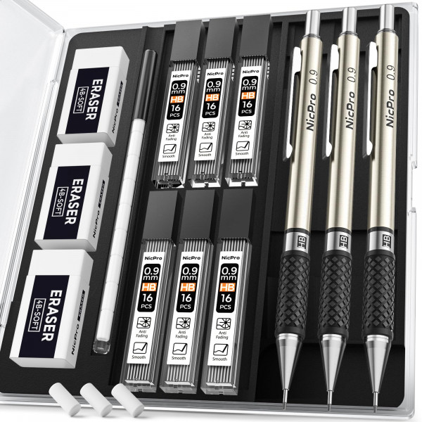NICPRO RG1000 0.9 mm de arte mecánico de arte colocado en estuche de almacenamiento, lápiz de plomo de lápiz de dibujo de metal de 3 pcs con recargas de 6 tubos HB, 3 borradores, recargas de borrador de 9 pcs para la escritura de artistas, dibujo, dibujo