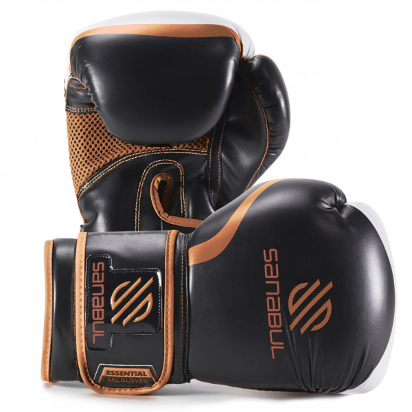 Guantes de boxeo de gel esencial de Sanabul para hombres y mujeres, MMA de kickboxing, guantes de muay tailandeses y puñetazos y combate de entrenamiento de bolsas pesadas, negro/cobre 14 oz