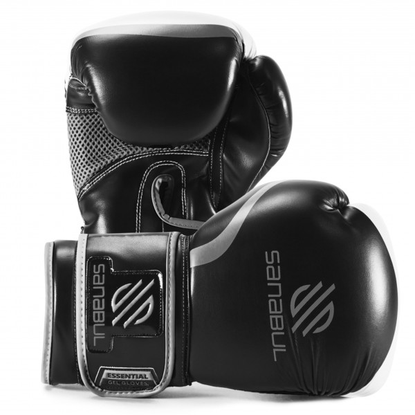 Guantes de boxeo de gel esencial de Sanabul para hombres y mujeres, MMA de kickboxing, guantes de muay tailandés y entrenamiento de bolsas pesadas y combate, plata negra/metálica 14 oz