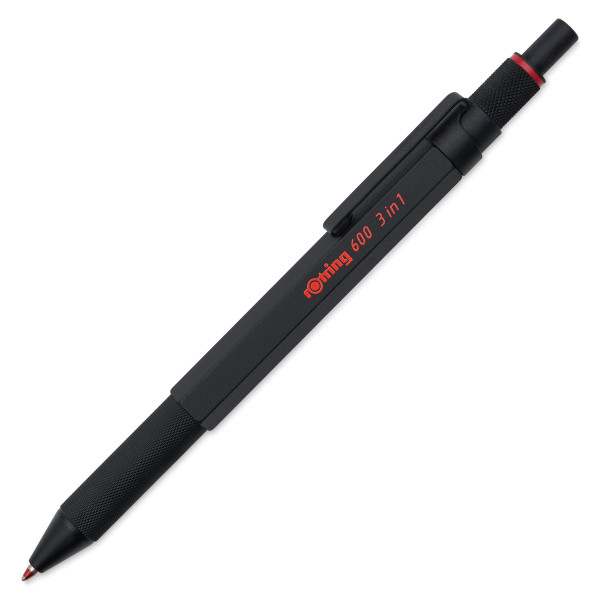 Rotring 600 3 en 1 bolígrafo multicolor y lápiz mecánico, barril negro, mecanismo de latón, puntas de punto fino, barril hexagonal, agarre de metal condenado