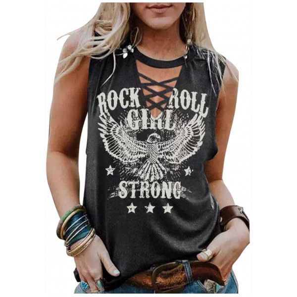 Rock Roll Girl Strong Eagle Toqule Tops for Women Sexy Criss-Cross Hollow Out Tank Tank Tees Casual Mleeveless T Shirts (Dark Grey-01, X-Large)