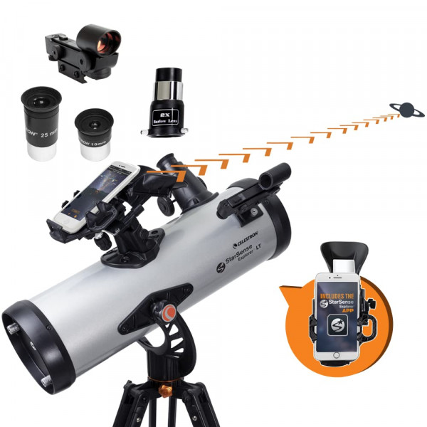 Celestron 22452 Starsense Explore Lt114az Telescopio Reflector Newtonian con tecnología habilitada para teléfonos inteligentes: incluye dos oculares, lente 2x Barlow, muelle telefónico y trípode ajustable de altura, negro