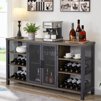 Gabinete de bar de vinos industrial Fatorri para licores y copas, barra de madera con estante de vino, aparador de metal y gabinete de buffet (55 pulgadas, marrón nogal)