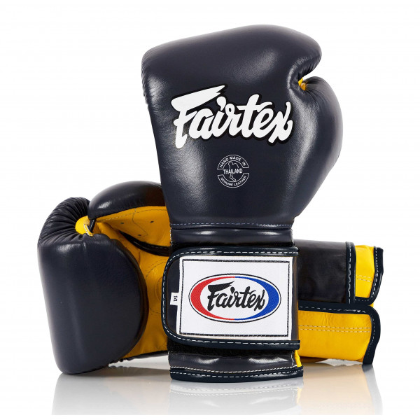 Guantes de boxeo de Fairtex Muay Thai BGV9 - Guantes de entrenamiento de estilo mexicano de bateador pesado y guantes de combate para Kick Boxing MMA K1 (tubería azul/amarillo/azul, 16 oz)