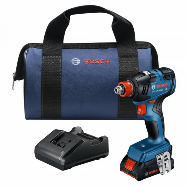 Bosch GDX18V-1800B12 18V Dos en uno 1/4 pulg. y 1/2 in. Kit de controlador/llave de impacto de bit/enchufe con 2 AH Batería de alimentación estándar