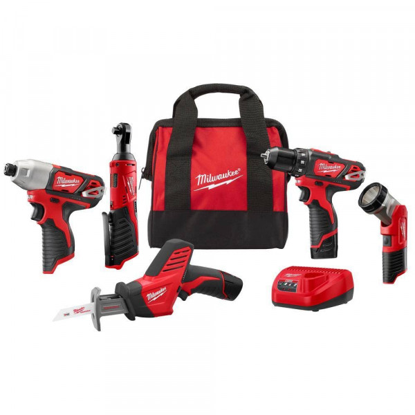 MILWAUKEE 2498-25 M12 12V Incolima Kit combinada de 5 herramientas de 5 herramientas: 2407-20 3/8 IN.Drill/Driver+2462-20 1/4 pulg. Hex Impact Driver+2420-20 Hackzall Recipe Saw+2457-20 3/8 IN.Ratchet+49-24-0146 Flight de trabajo LED, YKGAV