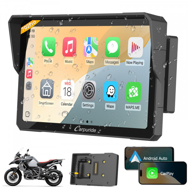 Carpuride W702B Pro Motorcycle Carplay Pantalla para BMW R1200GS R1250GS S1000XR Motocicleta, pantalla táctil impermeable de 7 pulgadas, navegación portátil de GPS de Auto/Android Auto para motocicleta, doble Bluetooth