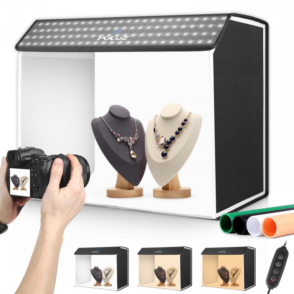 Puluz Box de 24x16 pulgadas, fotografía de caja de luz de estudio de fotos grande, kit profesional de carpas de disparo de 3000-6500K con 672 luces LED y telón de fondo de 4 para joyas y fotografía de productos alimenticios