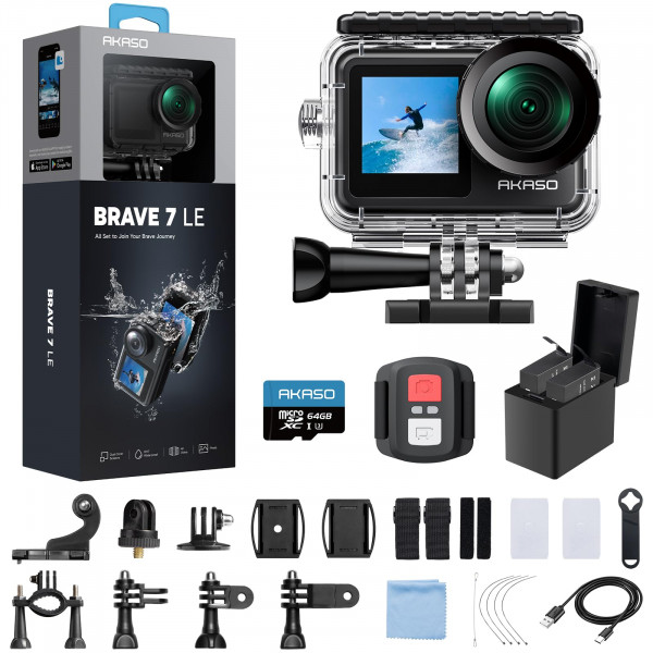 Akaso Brave 7 LE 4K30FPS Cámara de acción con 64 GB MicroSDXC U3 Accesorios de la tarjeta de memoria Kit Bundle Ultra HD 131ft Impermeabilizante EIS 2.0 Control remoto Wifi Zoom Submarina Cámara de agua