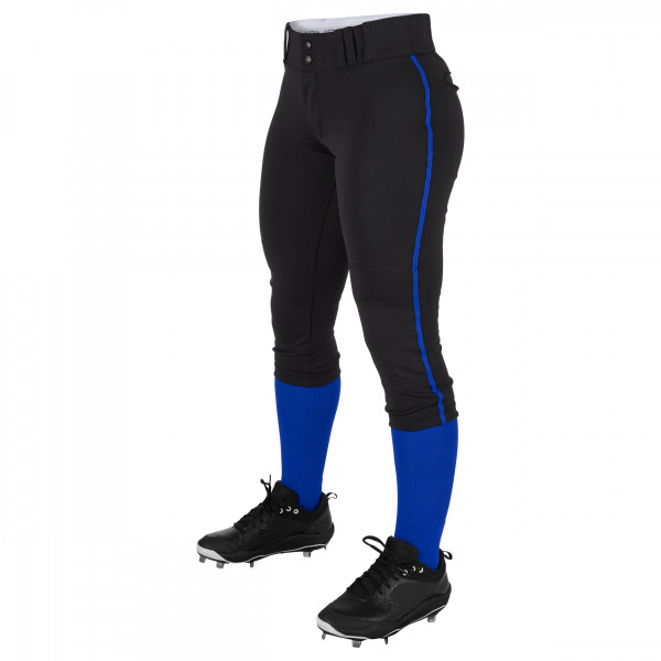 Softbol juvenil de bajo altura de Champro para mujer con pantalón tradicional de baja altura del torneo con trenza, trenza, negro, pipa real, pequeño nosotros