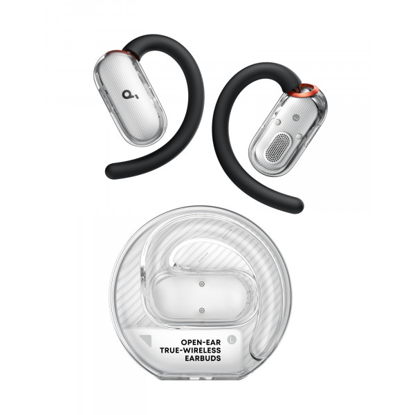 SoundCore V40i de Anker, auriculares con orejas abiertas, diseño de cristal, estuche sin tapa, 4 posiciones ajustables para cada tamaño de oído, bajo más rico, IP55, tiempo de reproducción de 21h, llamadas transparentes de IA, Bluetooth 5.4, Control de ap