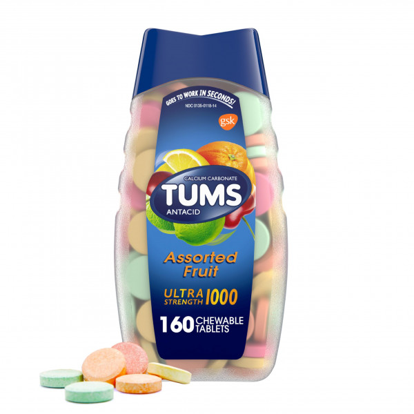 Tums Tabletas antiácidas de ultra resistencia para alivio masticable de acidez estomacal y alivio de indigestión ácida, fruta surtida - 160 recuento