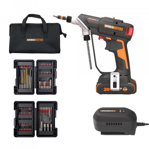 WORX Nitro 20V SwitchDriver 2.0 con un kit de accesorios de 85 PC, controlador de perforación inalámbrico sin cepillo 2-en-1, colchado de doble truco giratorio de 1/4 , WX177L.2-(Batería y cargador incluido)