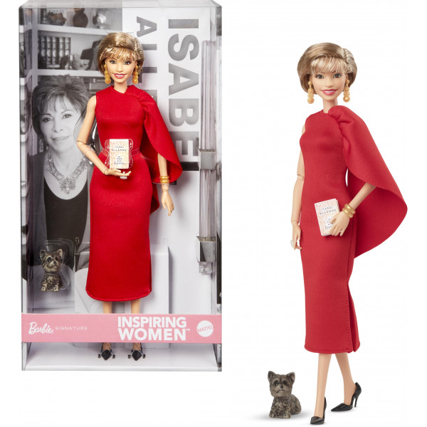Barbie Inspiring Women Doll, Isabel Allende coleccionable con vestido rojo con accesorio de libros y mascota
