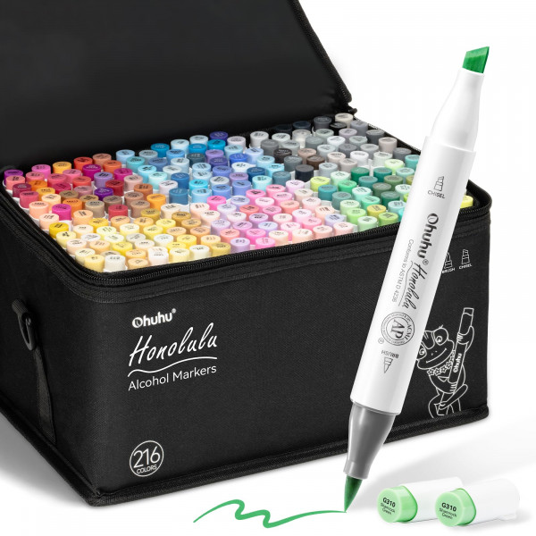 Marcadores de pincel de ohuhu - marcador de arte de doble punta de alcohol de 216 colores Juego de marcadores de arte a base de alcohol para artistas.