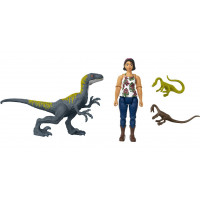 Mattel Jurassic World Camp Cretaceous Human & Dino Action Pack Pack con figuras de Sammy & Velociraptor, además de 2 dinosaurios más pequeños Compys, juego de juguetes coleccionables