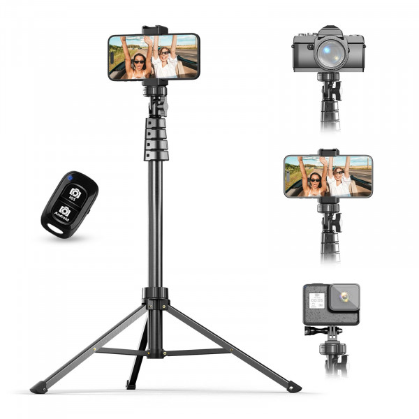 Ubeesize de 62 trípode de teléfono y selfie Stick, trípodes de cámara se encuentran con un soporte de teléfono y remoto inalámbrico, compatible con teléfono Android para iPhone, perfecto para selfies/grabación de video/transmisión en vivo negra
