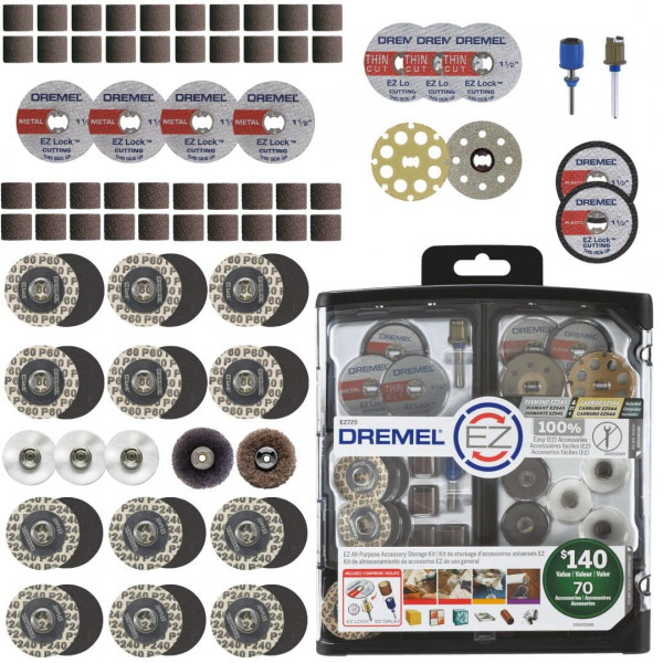 Dremel EZ725 Conjunto de accesorios de herramientas rotativas de 70 piezas para todo uso con kit de almacenamiento-EZ-Lock y EZ Drum para cambios de accesorios más rápidos-Perfecto para cortar, pulir, limpiar y lijarse