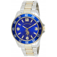 Assn de Polo de EE. UU. Reloj de dos tonos para hombres con dial azul real y cierre plegable: el horizonte analógico de cuarzo de metal dorado y metal plateado se ajusta al reloj analógico de 5.5 -8 con estuche de 45 mm