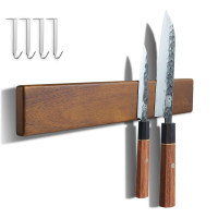 Contador de cuchillo magnético para la pared, tira magnética de cuchillo sin perforación de 16 pulgadas, potente soporte magnético de cuchillo de cocina, imán de cuchillo de madera de acacia para organizador de utensilios de cocina con 4 ganchos