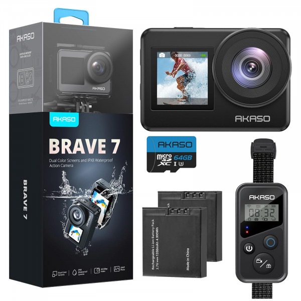 Akaso Brave 7 Action Camera 4K30FPS 20MP con una tarjeta de memoria MicroSDXC U3 de 64 GB, cámara impermeable con pantalla táctil IPX8 33ft EIS 2.0 Soporte de zoom de soporte de micera de voz con baterías de 1350mAh de 1350 mAh