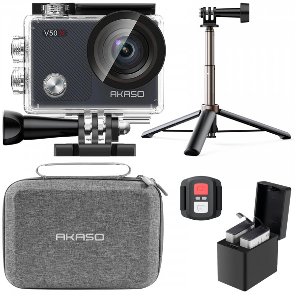 Akaso V50X Native 4K30fps Wifi Action Camera con pantalla táctil EIS 4x Zoom 131 pies Impermeabilizante Soporte de cámara remota control remoto (con trípode de palo selfie y bolsa de transporte)