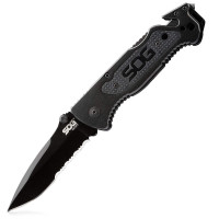 Cuchillo plegable táctico de escape de SOG- Cuchilla de bolsillo de emergencia de bordes serrados de 3.4 pulgadas con interruptor de vidrio, stripper de alambre y cuchillas de cortador de línea (FF25-CP)