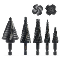 Juego de brotas de perforación de paso Zelcan, 5 piezas de cuatro piezas de flauta espiral para metal, 50 tamaños de taladro HSS recubiertos con titanio con vástago hexagonal de 1/4 para plástico de madera de aluminio de acero inoxidable de acero inoxida