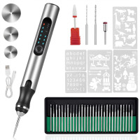 Hotrose Electric Lagaving Pen con 37 bits, Máquina de grabado inalámbrico recargable USB, grabador rotativo de bricolaje portátil para joyas de madera de vidrio de vidrio (plata)