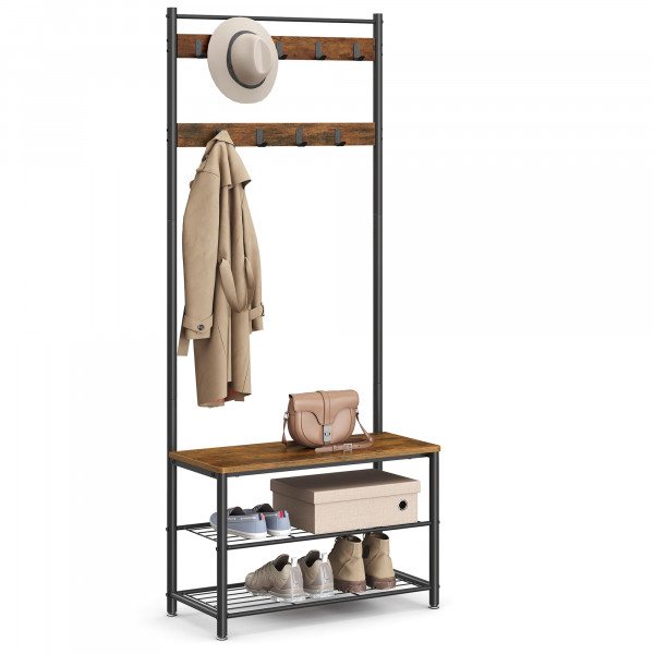 Vasagle Coat Batch, árbol de pasillo con banco de almacenamiento de zapatos, banco de entrada con almacenamiento de zapatos, 3 en 1, marco de acero, para entrada, 12.6 x 27.6 x 68.9 pulgadas, industrial, marrón rústico y negro UHSR41BX