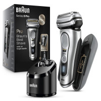 Braun Electric Care for Men, Foil Shaver, Serie 9 Pro 9477cc, afeitado húmedo y seco, con estuche de carga portátil, recortadora de barba prolift, centro inteligente de limpieza y carga de 5 en 1, plata