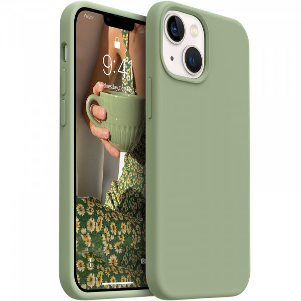 Magnético Atasier para iPhone 13 Mini Case, [Compatible con magsafe] Caja de teléfono de silicona de grado alimenticio con [forro protector contra el cañón suave] Protección de caída de cuerpo completo, 5.4 pulgadas, té verde de té