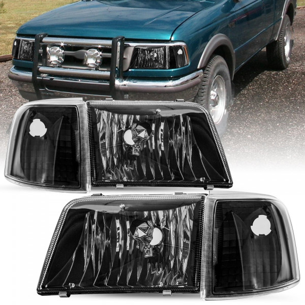 Reemplazo del ensamblaje del faro de Sockir para los faros delanteros de Ford Ranger 1993-1997 + 4 PCS Lights de la esquina del faro de los faro y el lado del conductor (carcasa negra con reflector transparente)