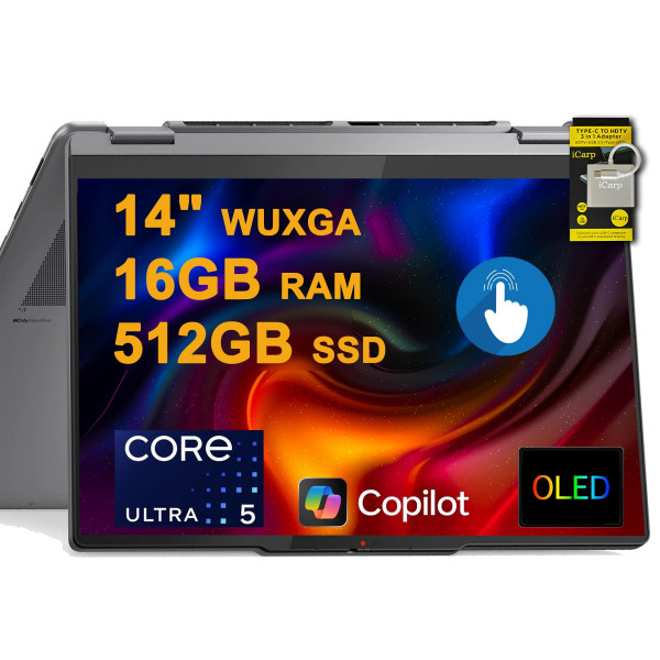 Lenovo Yoga 7 2-In-1 Laptop 14 Wuxga OLED Touch (100% DCI-P3, 600nits HDR) Intel 8-n-nra 5 226V (hasta 40 tops) 16GB RAM 512GB SSD para creator profesional Win11 ICP Hub w/Copilot ai