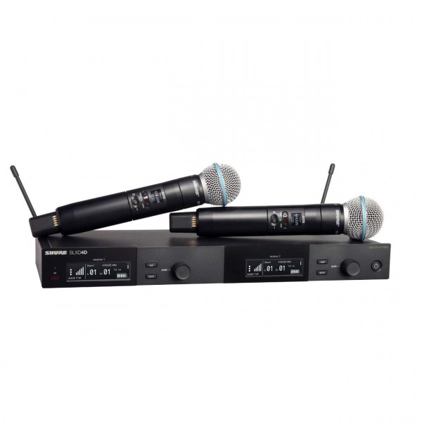 SHURE SLXD24D/B58 Sistema de micrófono inalámbrico digital de doble canal: incluye dos transmisores de mano SLXD2 con cápsulas de micrófono vocal Beta 58A, receptor de soporte de bastidor SLXD4D | Banda H55 (SLXD24D/B58-H55)