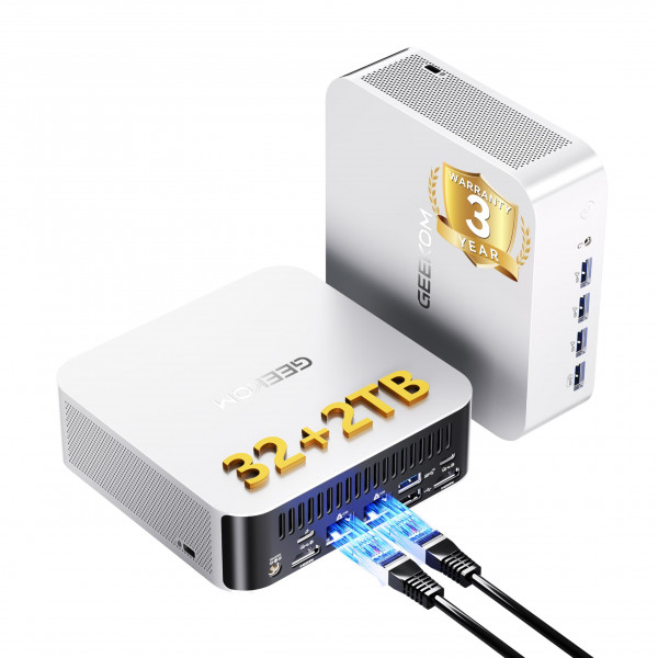 Geekom A8 Max Mini PC con AMD Ryzen 9 8945HS, Dual 2.5G LAN Mini Gaming PC con 32GB DDR5 2TB PCIe 4.0 NVME SSD, Mini PC Windows 11 Pro/Wi-Fi 6e/BT 5.2/USB4/8K/SD SLOT/VESA