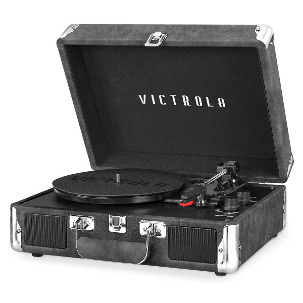 Victrola Journey Bluetooth Playcase portátil Player de discusión: con altavoces incorporados, reproducción de vinilo de 3 velocidades, RCA Out, auriculares (gris)