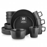 Stone Lain Celina Stoneware Juego de vajillas de 16 piezas, platos y tazones, plato mate negro, servicio para 4 - estilo redondo minimalista, microondas y lavavajillas seguros