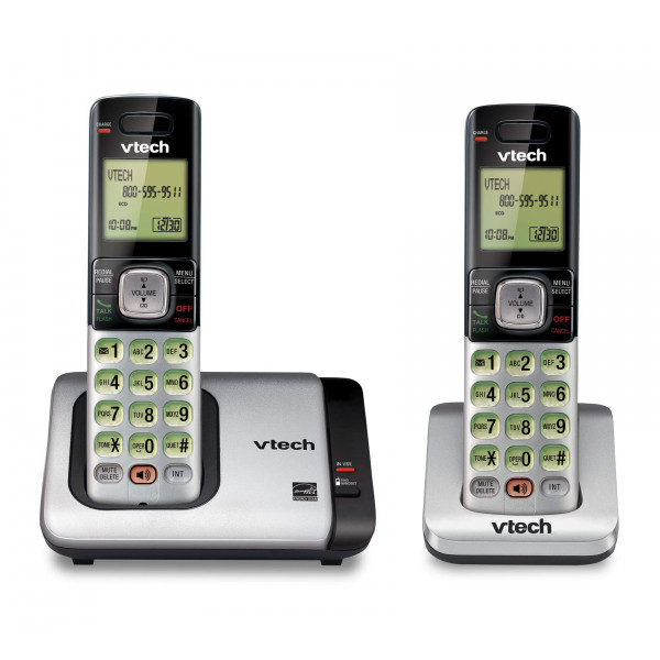 VTech CS6719-2 Teléfono inalámbrico de 2 maneras con ID de llamadas/Llamada de llamada, intercomunicador de teléfonos y pantalla retroiluminada/teclado, plata