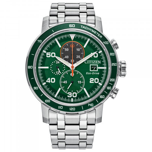 Reloj de acero inoxidable para cronógrafo eco-drive para hombres ciudadanos, dial verde (modelo: CA0851-56X)