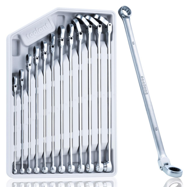 Toolant Juego de llave de llave de tracción extra larga, cabezal flexible y encabezado de combinación de doble caja de compensación fija juego de llave combinada, acero CR-V, métrica de 8-19 mm, 12 piezas con bandeja de almacenamiento