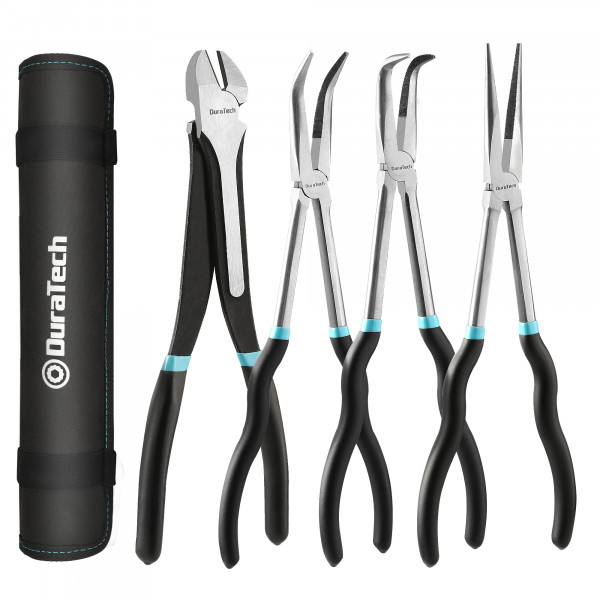 Duratech 4 PCS Set de alicates de alicates de nariz de aguja larga extra, acero CRV premium, alcance de 11 de largo recto y 90 ° nariz doblada y 45 ° nariz doblada y alicates diagonales para espacios estrechos difíciles de alcanzar